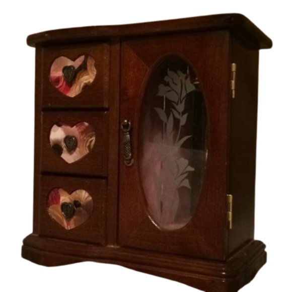 Other - Wooden Glass Jewelry Box Heart ❤️ Floral Design